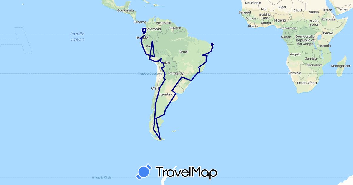 TravelMap itinerary: driving in Argentina, Bolivia, Brazil, Chile, Ecuador, Peru (South America)